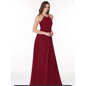 Azazie Cabernet Burgundy Halter Pleated Chiffon Maxi Bridesmaid Dress Size 4